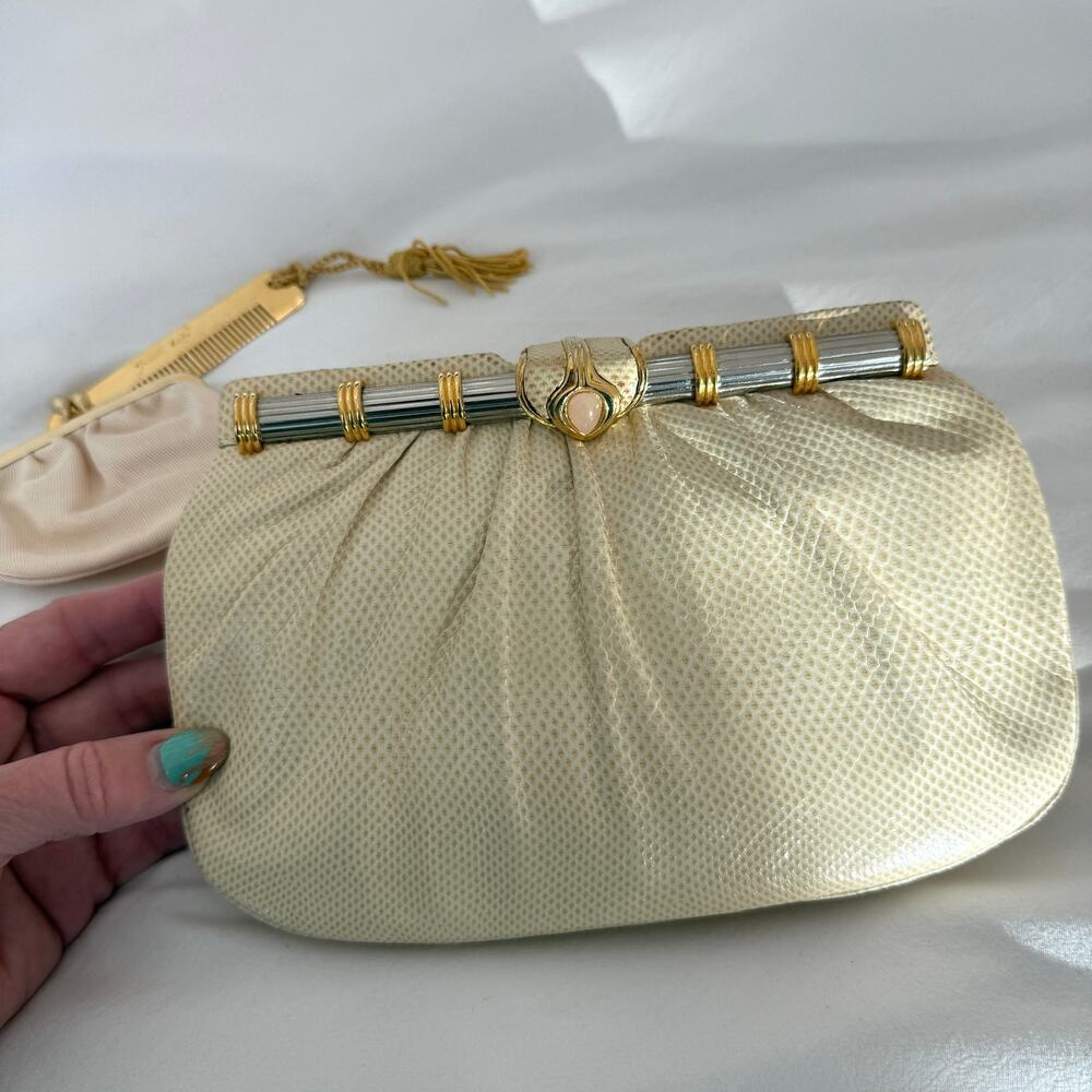 Judith Leiber Vintage Lizard Leather Clutch Gold Frame Evening Quiet Luxury Rare - Picture 3 of 9